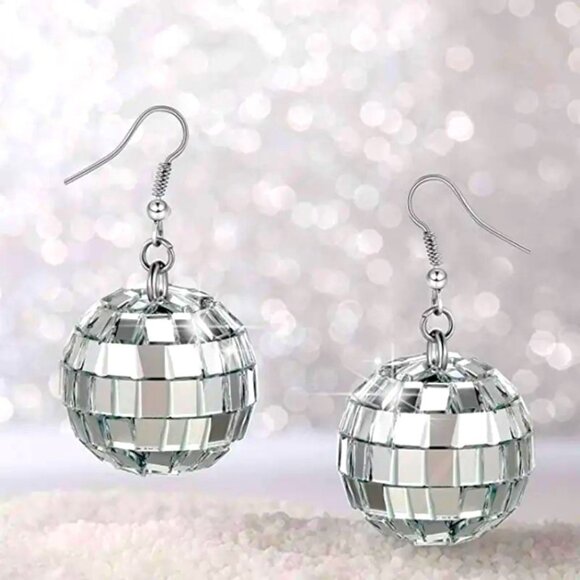 Earrings Disco Ball Dangle Mirror Party Retro Sparkle Dance Rave Y2K Silver Glam - Picture 1 of 3